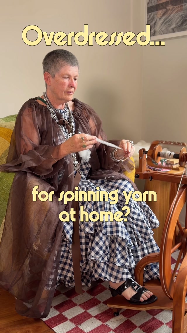 Want to just stay home and do the things you want to do; like spinning, weaving, knitting, crafting; but feel like you should be getting dressed out of your pj’s, and going out to at least have a coffee???
You could role play like I did. Follow to see my next studio ‘outing’.
One can never be overdressed wherever you are! Pop on your bling and do your thing!
So it’s all sorted then? Welcome!