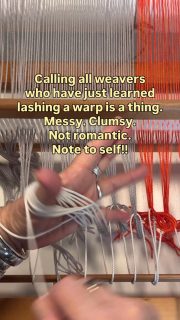Turns out, lashing the warp is messy. 
Studio notes from today: 
1. It looks chaotic until the last knot is tied. 

2. Nothing is exactly even, so if you like things lined up exactly, this may be a challenge. 

3. Trust your hands and the tension when you do the second pass to put tension on the cord - even when the knots look like a mess. 

Save this if you’re navigating the clumsy phase too and return to see how it all turns out.