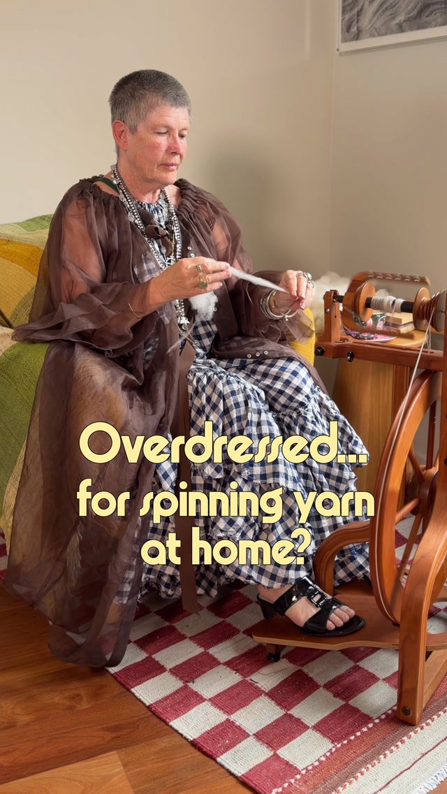 Do you want to NOT go out and just stay home and do the things you want to do; like spinning, weaving, knitting, crafting; but feel like you should be getting dressed out of your pj’s, and going out to at least have a coffee??? 

You could role play like I did. Follow to see my next ‘outing’. 

One can never be overdressed wherever you are! Pop on your bling and do your thing! 

So it’s all sorted then?!!