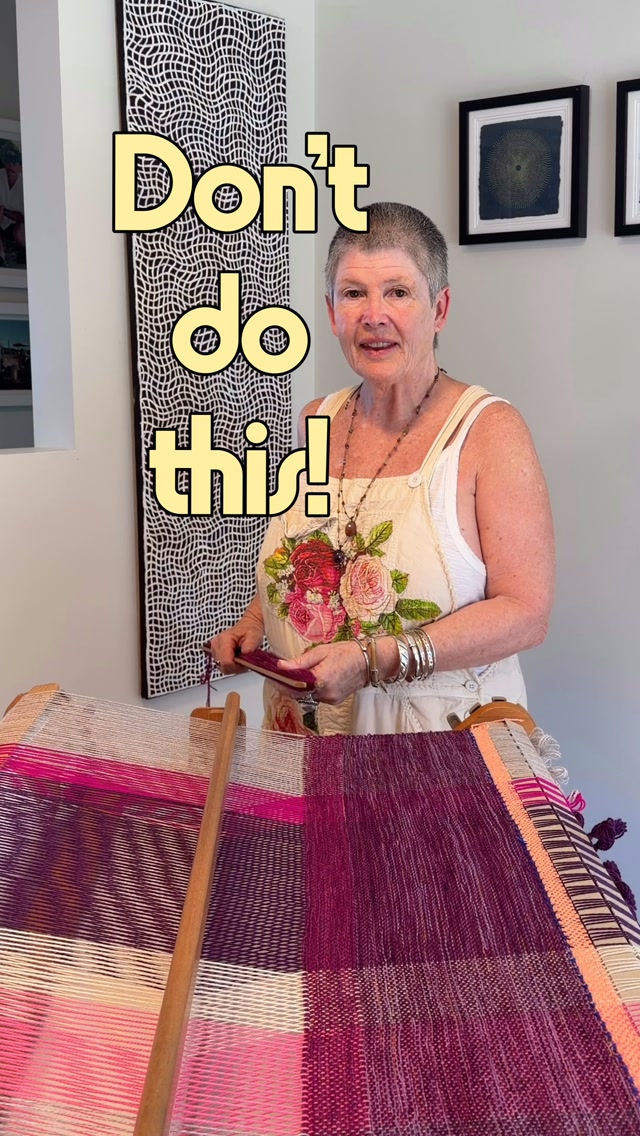 You can do what I suggest to not do; but your weaving will end up like an hourglass. To keep your weaving a rectangular shape you need space between your woven textile and the reed, so that you get roughly a similar angle as I’ve shown with your pick weft thread. 

Always wind on your weaving and give your shuttle room to breathe! 

Save this as a reminder for your own weaving projects, and come follow along for more.