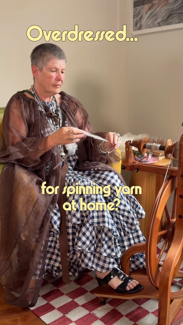 The door has shut; want quiet, no traffic, don’t want to talk to anyone and just stay home and do the things you want to do; like spinning, weaving, knitting, crafting; but feel like you should be getting dressed out of your pj’s, and going out to at least have a coffee???

You could role play like I did. Lol you can save this as a reminder that you don’t have to go out today at all!!! Follow to see my next studio ‘outing’.

One can never be overdressed wherever you are! Pop on your bling and do your thing!
So it’s all sorted then? Welcome! 