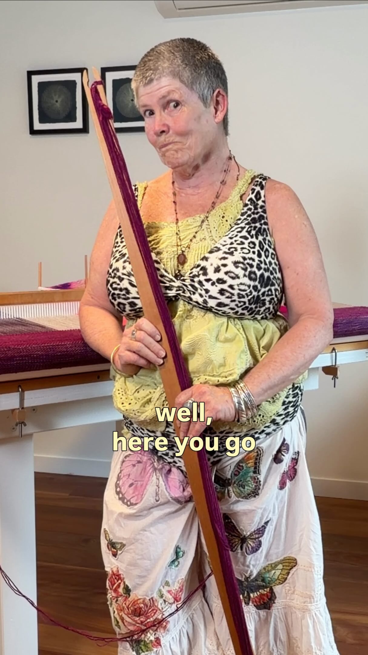Oh.. I forgot the makeup and the smooth-wrinkle-skin filter. Don’t need them though in my studio. 
Save this as a reminder to keep having fun, and follow along for tips and ideas for your own weaving. I may even make you laugh.