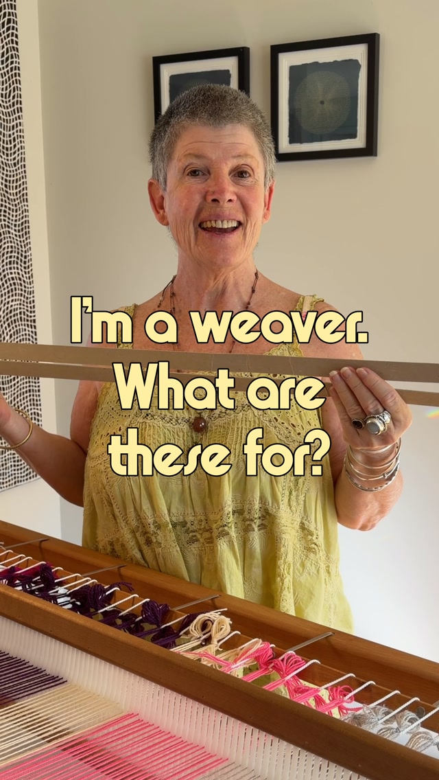 A not very technical solution to a very important task. The warp thread clumps need to be separated evenly. A simple solution.
I’ve found that only two cardboard strips are necessary. I then weave about 1.5cm or an inch of header, using a yarn colour that I won’t be using in my weaving; so when I hemstitch I don’t catch the header yarn.
So.. the 2 cardboard strips and a small section of woven header gets the warp perfectly evenly spread ready to weave the weft.
I’ll show the header and hemstitch in an upcoming reel. Follow if you want to see some tips for those steps.