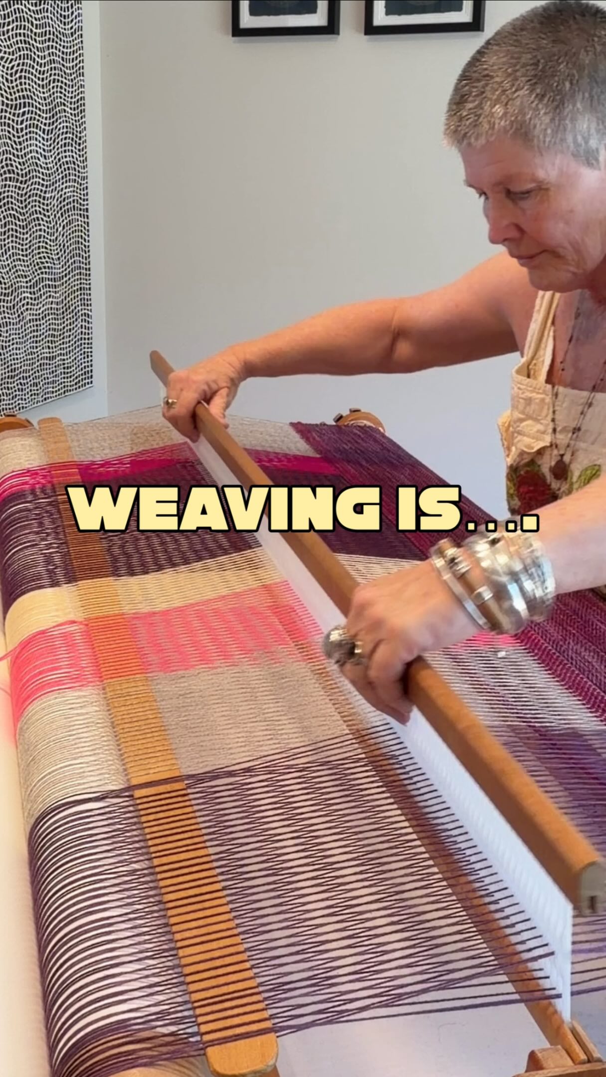 No fast motion here, because weaving is sloooow. I use a simple rigid heddle loom to tell my stories from travels all around the world. 

Have a look around at my space here, where I share tips and ideas which may put a bit more mojo into how you feel about your weaving. Come follow along. I’m also a bit fun .. and may even make you laugh.